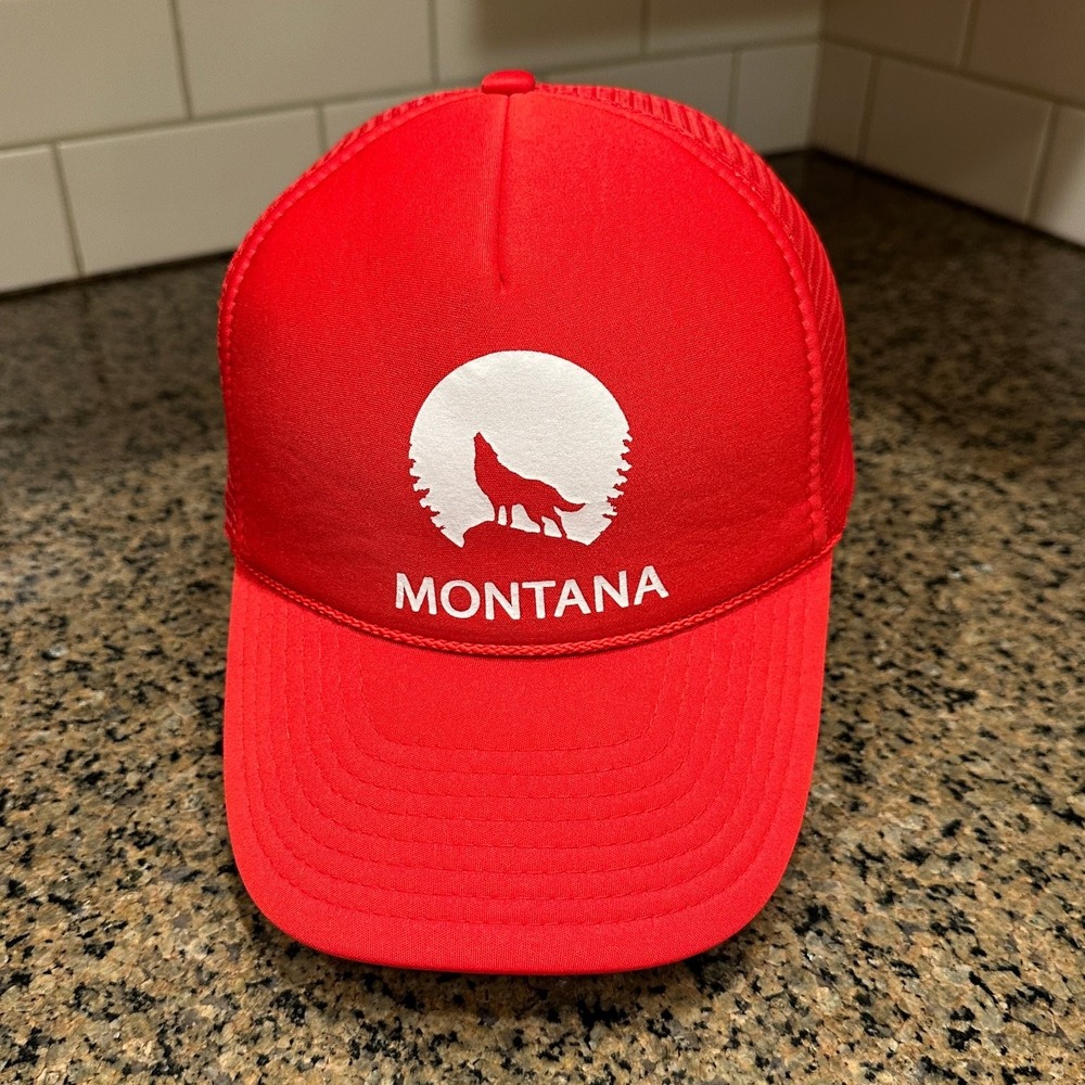 Vtg 90s Montana Wolf Howling Moon Nissin Trucker Cap Red